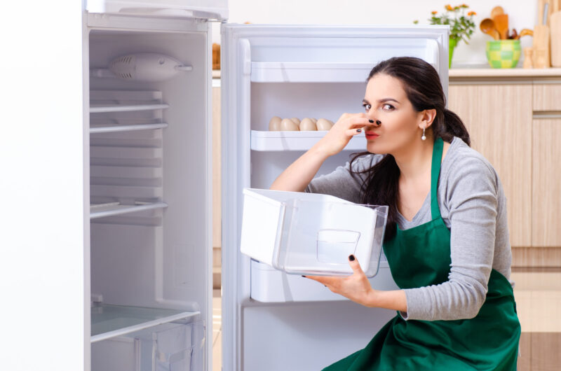 Woman c leaning a smelly refrigerator